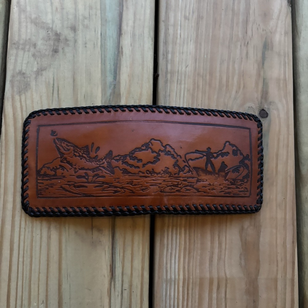 Vintage Leather Wallet Fish Boat Fishing Sportsman Hand Tooled Whipstitch USA